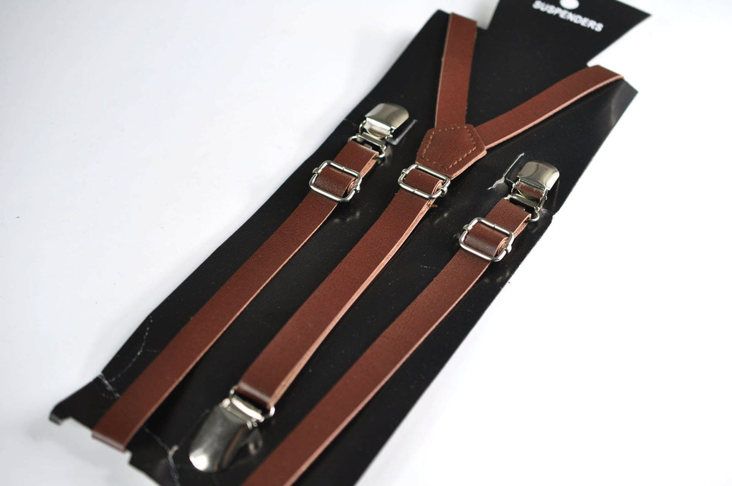 Dark Brown Faux Leather Skinny Adjustable Braces Suspenders + 100% Cotton Brown Bowtie Bow Ties for BOY KIDS Baby Infant or Youth Teenage