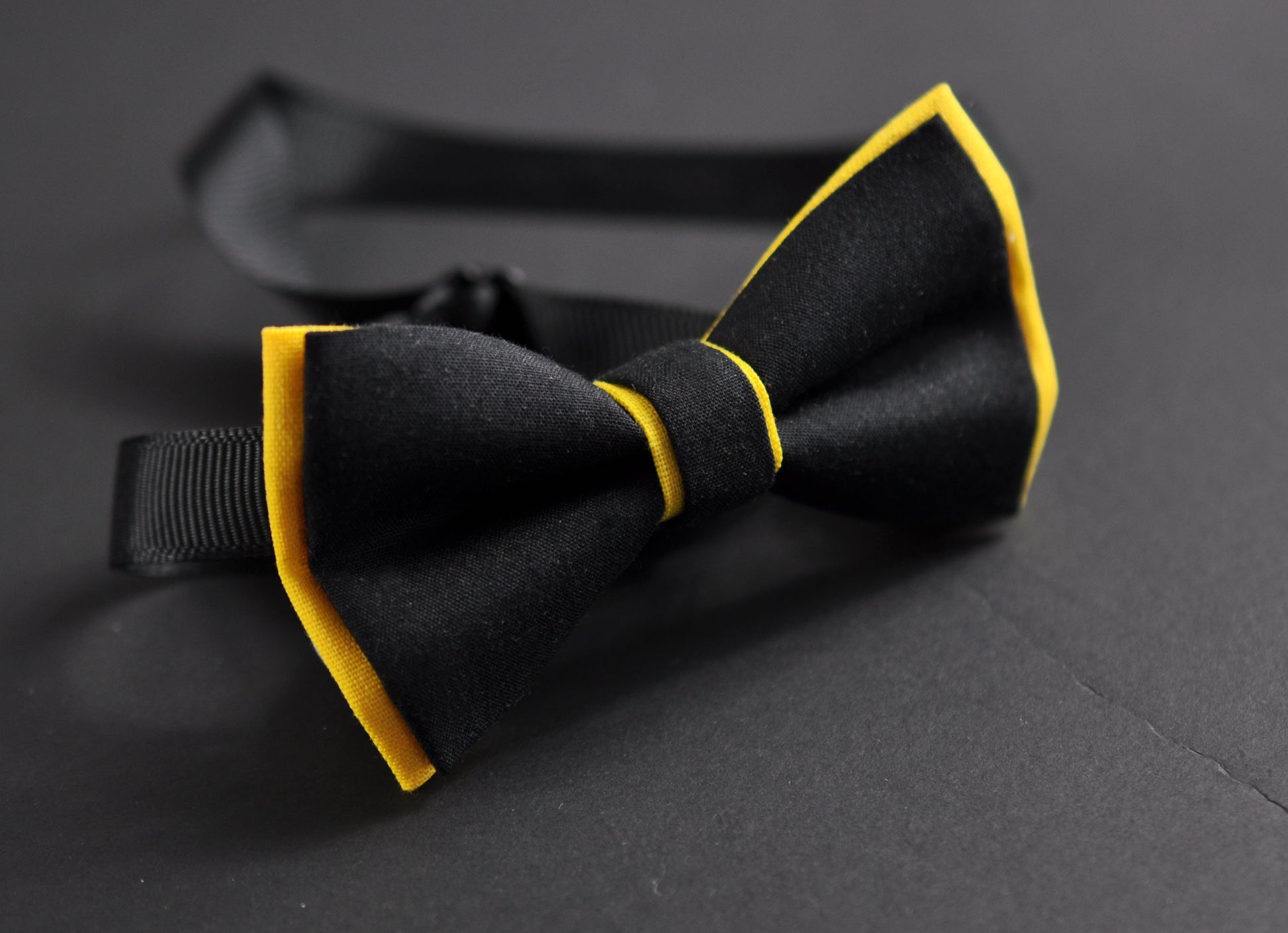 100% Cotton Yellow Black Pretied 2 Layers Bow Tie Bowtie + Pocket Squares Handkerchief Hanky Men / Youth Teenage / Kids Boy / Baby Infant