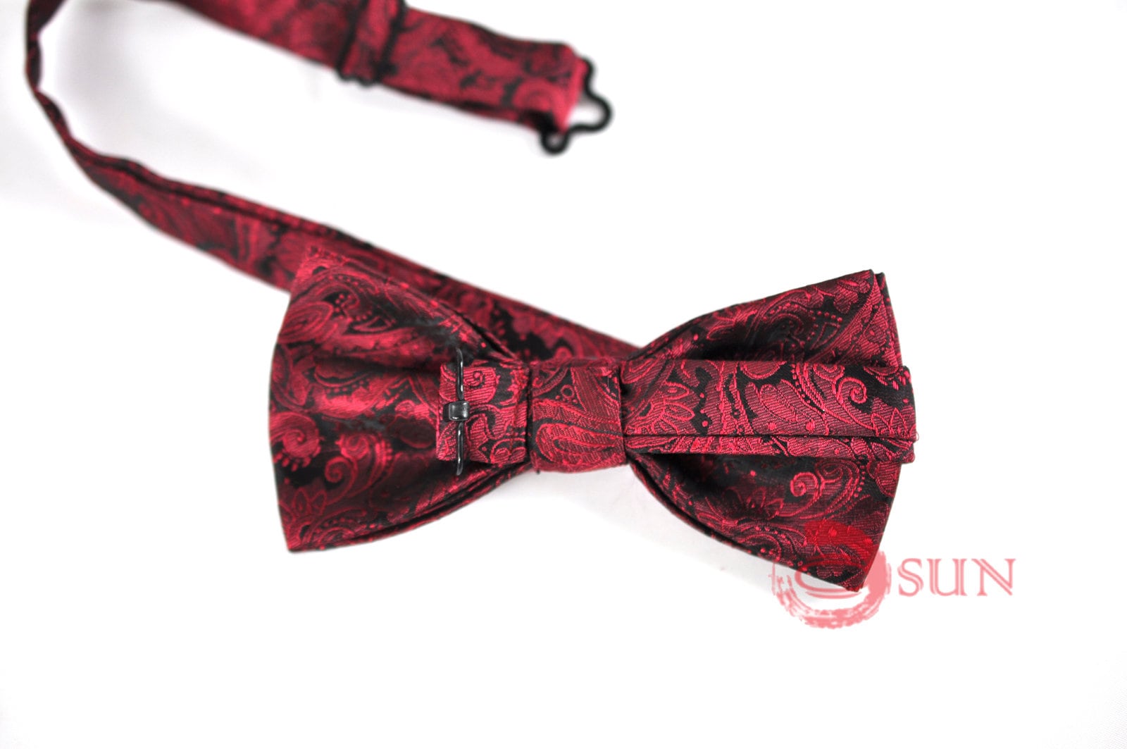 Mens Wine Red Burgundy Yarn-dyed Polyester Silk Paisley Bow Tie and Pocket Square Hanky Handkerchief Wedding Party