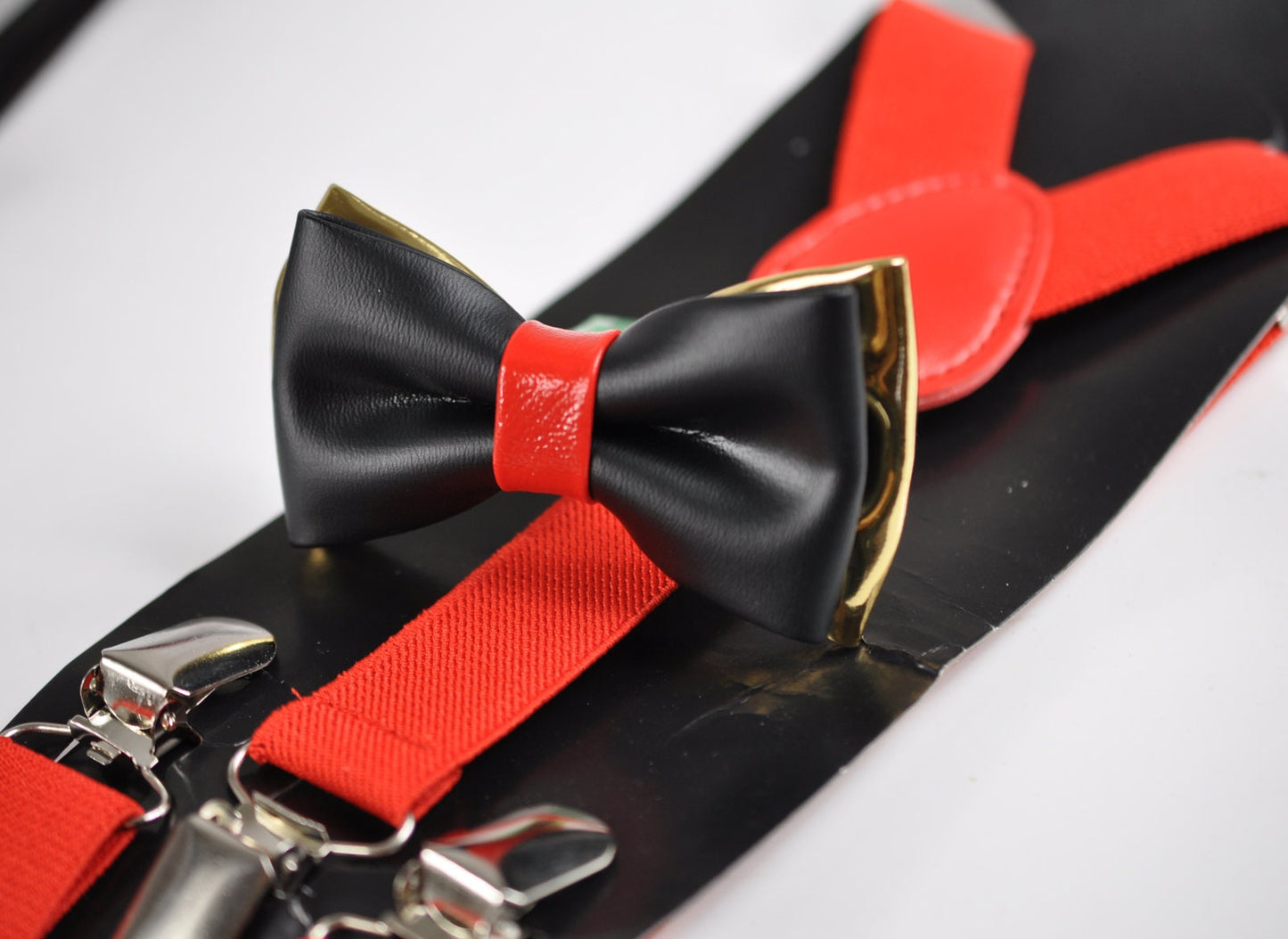 Black Red Gold Faux leather Bow tie + Red Elastic Suspenders Fits 1-6 Years Old