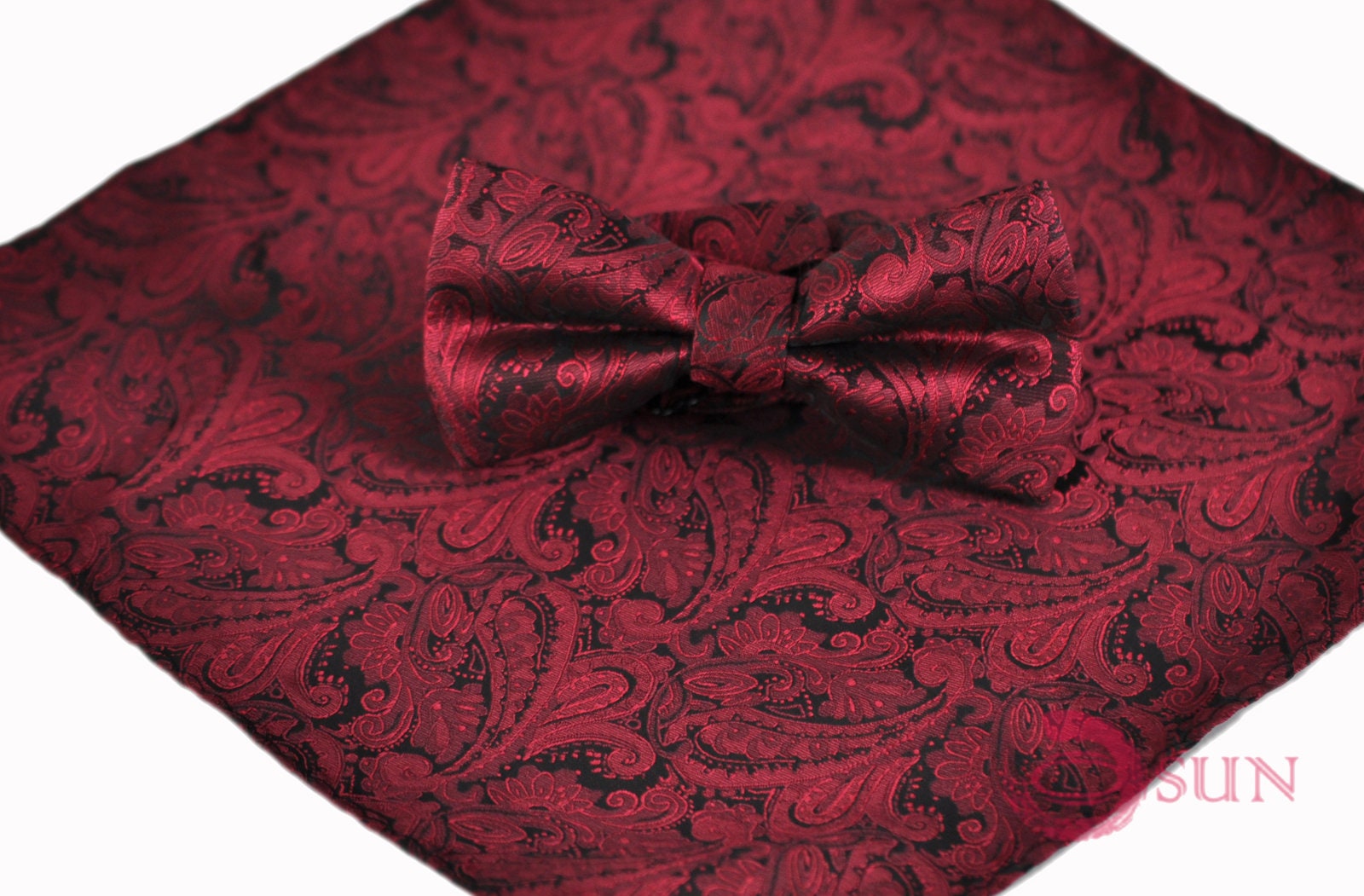Mens Wine Red Burgundy Yarn-dyed Polyester Silk Paisley Bow Tie and Pocket Square Hanky Handkerchief Wedding Party