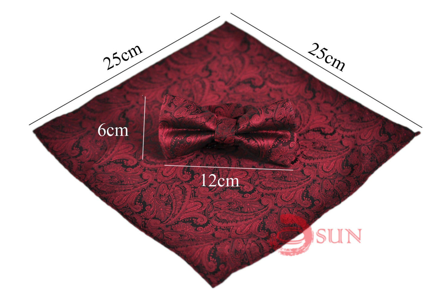 Mens Wine Red Burgundy Yarn-dyed Polyester Silk Paisley Bow Tie and Pocket Square Hanky Handkerchief Wedding Party