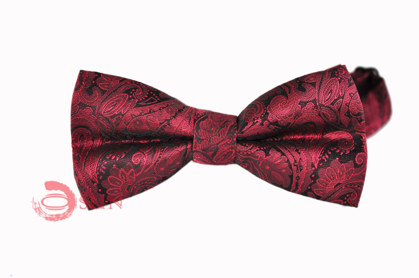Mens Wine Red Burgundy Yarn-dyed Polyester Silk Paisley Bow Tie and Pocket Square Hanky Handkerchief Wedding Party