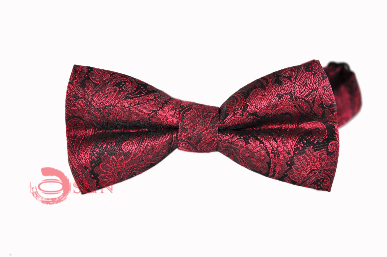 Mens Wine Red Burgundy Yarn-dyed Polyester Silk Paisley Bow Tie and Pocket Square Hanky Handkerchief Wedding Party