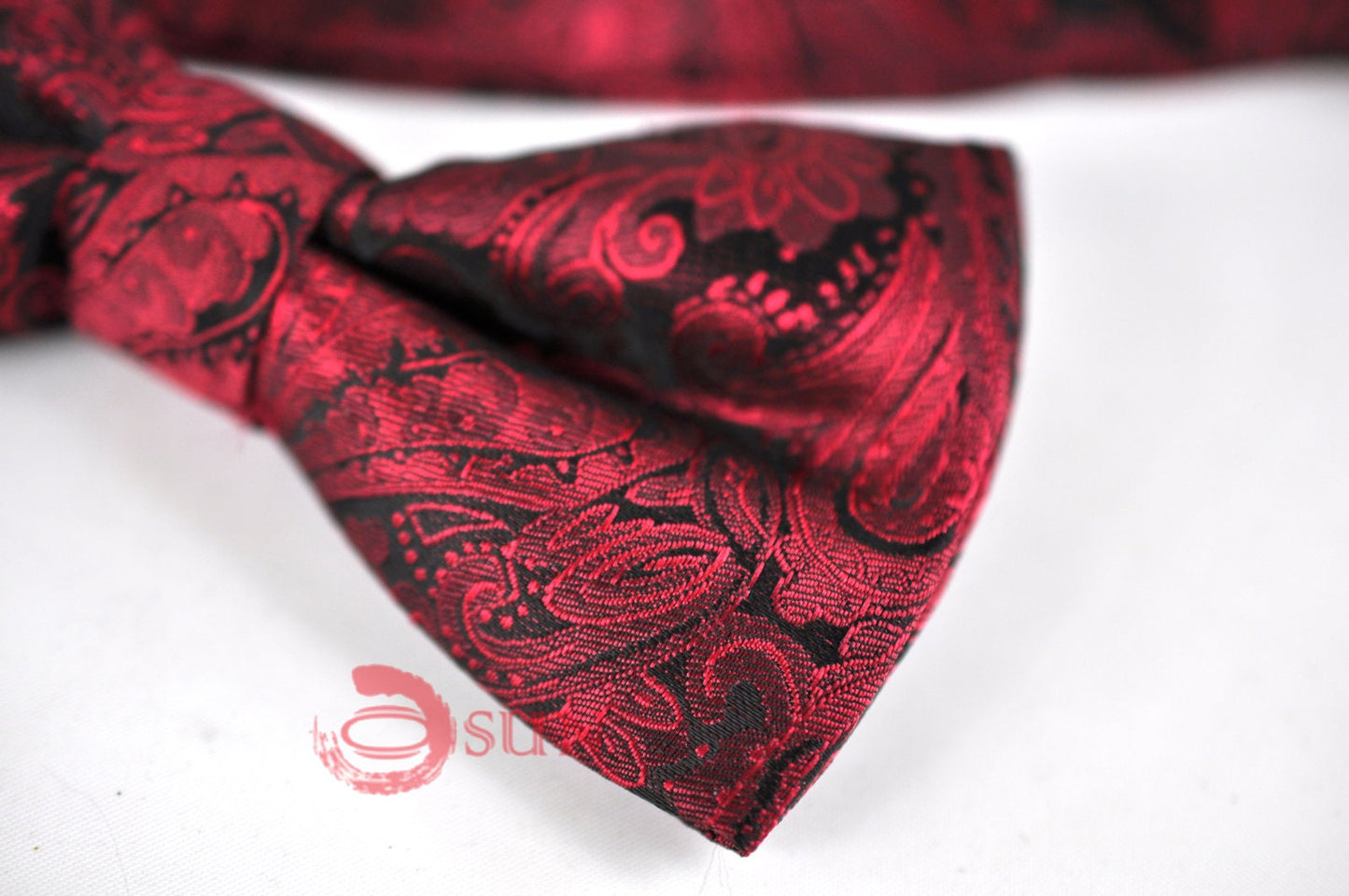 Mens Wine Red Burgundy Yarn-dyed Polyester Silk Paisley Bow Tie and Pocket Square Hanky Handkerchief Wedding Party