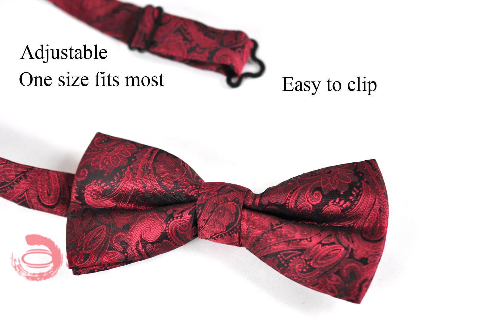 Mens Wine Red Burgundy Yarn-dyed Polyester Silk Paisley Bow Tie and Pocket Square Hanky Handkerchief Wedding Party