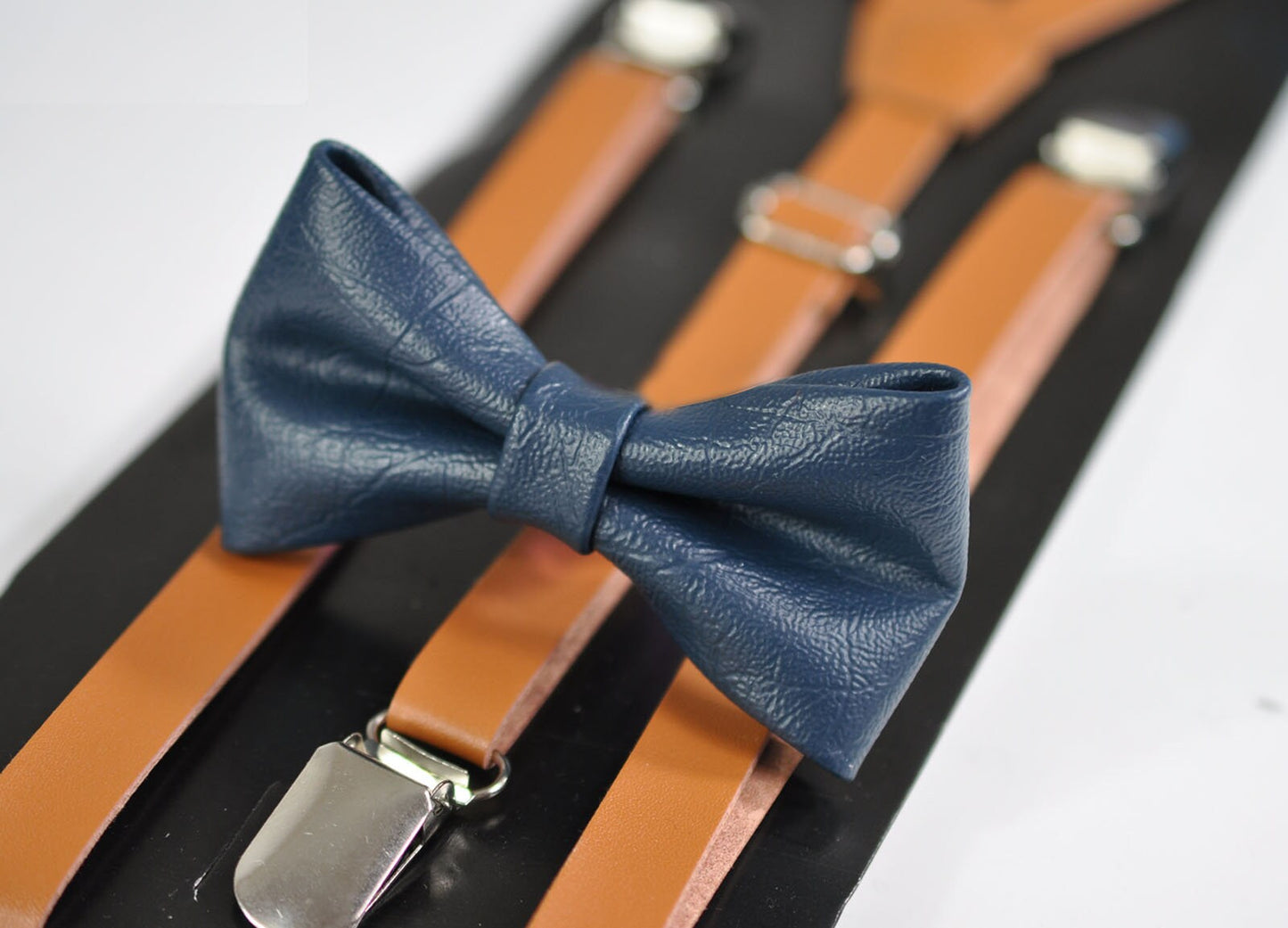 Navy Blue Faux Leather Pretied Bow tie Bowtie + Tan Brown Faux Leather Suspenders Braces for Baby Infant / Boy Kids / Youth Teenage
