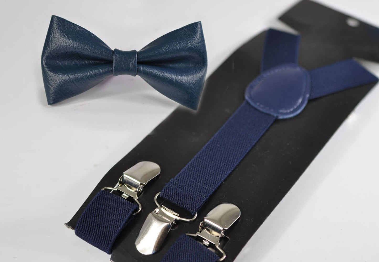 Navy Blue Faux Leather Pretied Bow tie Bowtie + Navy Blue Elastic Suspenders Braces for Baby infant / Toddler Kids Boy / Youth Teenage