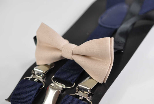 Light Begie Sand Pale Brown ivory Bow tie + Navy Blue Elastic Suspenders Braces for Baby infant Toddler / Kids Boy / Youth Teenage / Men