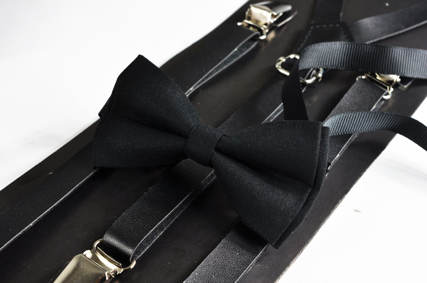 Black cotton Pretied Bow tie + Matched Faux Leather Adjustable Suspenders Braces for Baby infant / Boy Kids / Youth Teenage