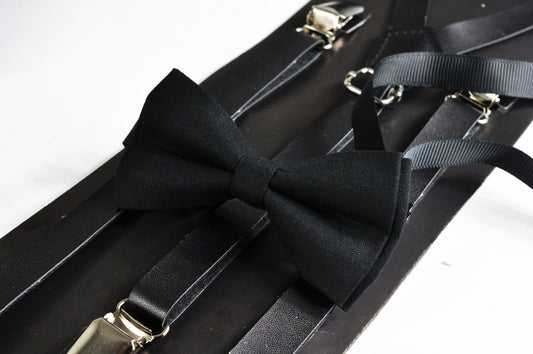Black cotton Pretied Bow tie + Matched Faux Leather Adjustable Suspenders Braces for Baby infant / Boy Kids / Youth Teenage