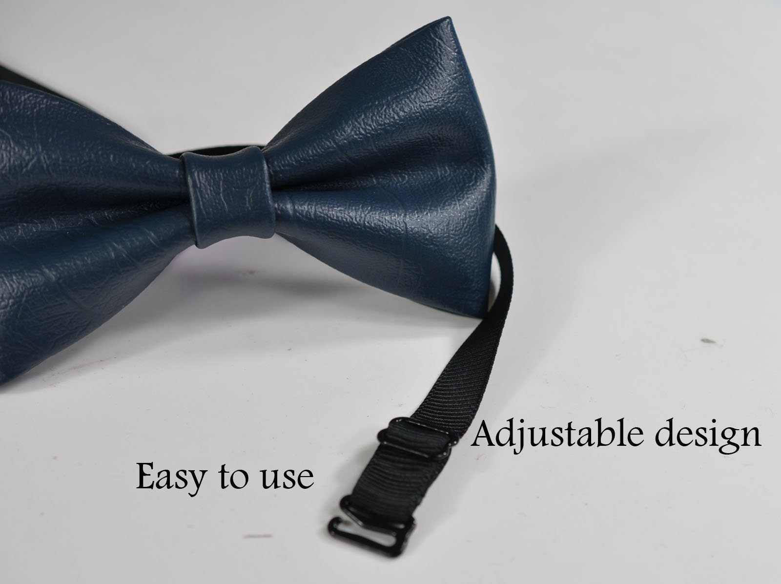 Navy Blue Faux Leather Pretied Bow tie Bowtie + Navy Blue Elastic Suspenders Braces for Baby infant / Toddler Kids Boy / Youth Teenage