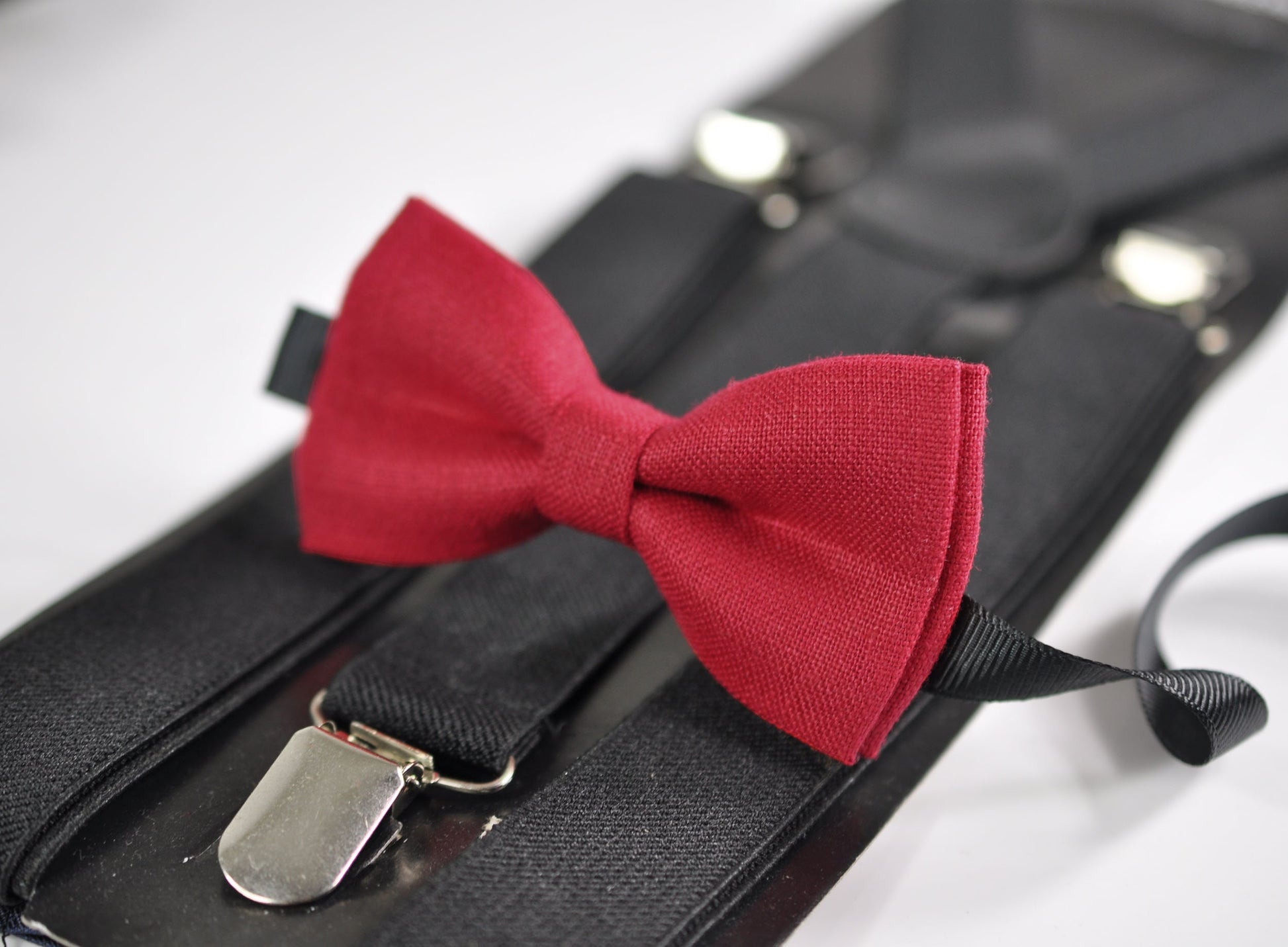 Cherry Ruby Blood Red Linen Pre tied Bow tie + Black Elastic Suspenders Braces for Baby infant Toddler / Kids Boy / Youth Teenage / Men Ault