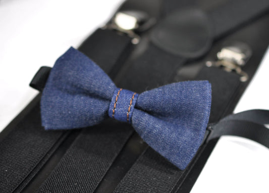Navy Blue Denim Jeans Bow Tie + Black Elastic Suspenders Braces Sets for Baby infant Toddler / Boy Kids/ Youth Teenage / Men Adult