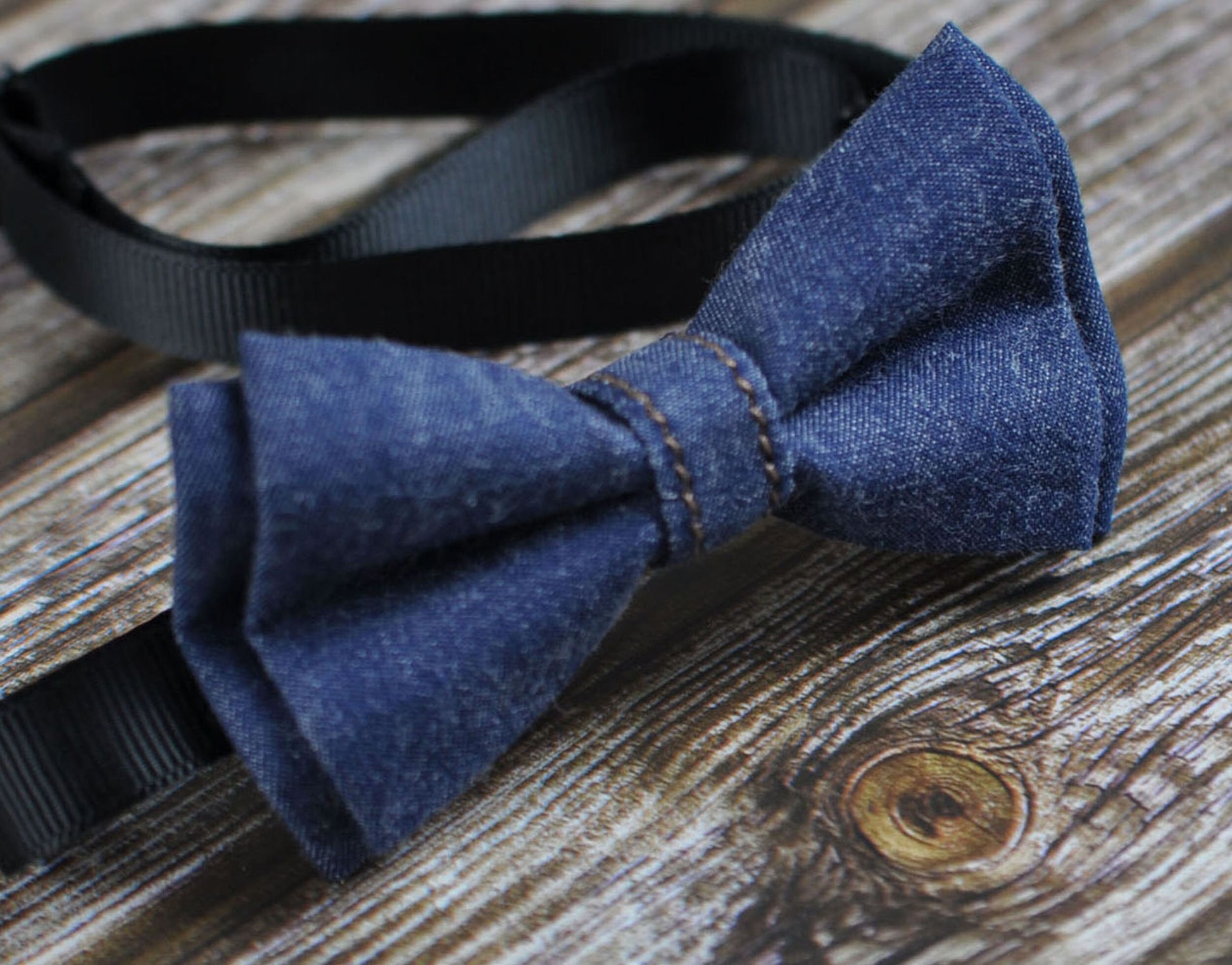 Navy Blue Denim Bow tie + Brown faux Leather Adjustable Suspenders Braces for Baby infant / Boy Kids / Youth Teenage