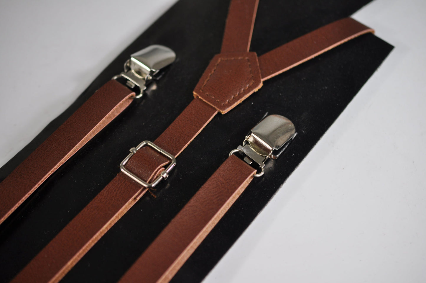 Navy Blue Denim Bow tie + Brown faux Leather Adjustable Suspenders Braces for Baby infant / Boy Kids / Youth Teenage