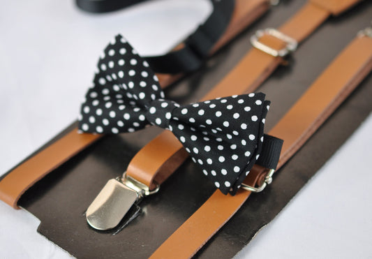 Black White Spots & Stripes DOTS Bow Tie + Tan Brown Faux Leather Suspenders Braces for Baby Infant / Boy Kids / Youth Teenage / Adult
