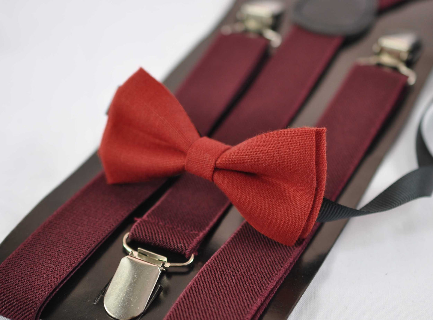 Ginger Brownish Red / Orange Linen Bow tie + Burgundy Wine Red Elastic Suspenders Braces Baby infant / Kids Boy / Youth Teenage / Men Adult