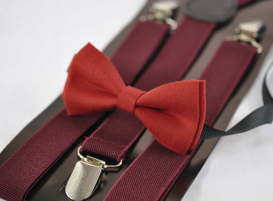 Ginger Brownish Red / Orange Linen Bow tie + Burgundy Wine Red Elastic Suspenders Braces Baby infant / Kids Boy / Youth Teenage / Men Adult