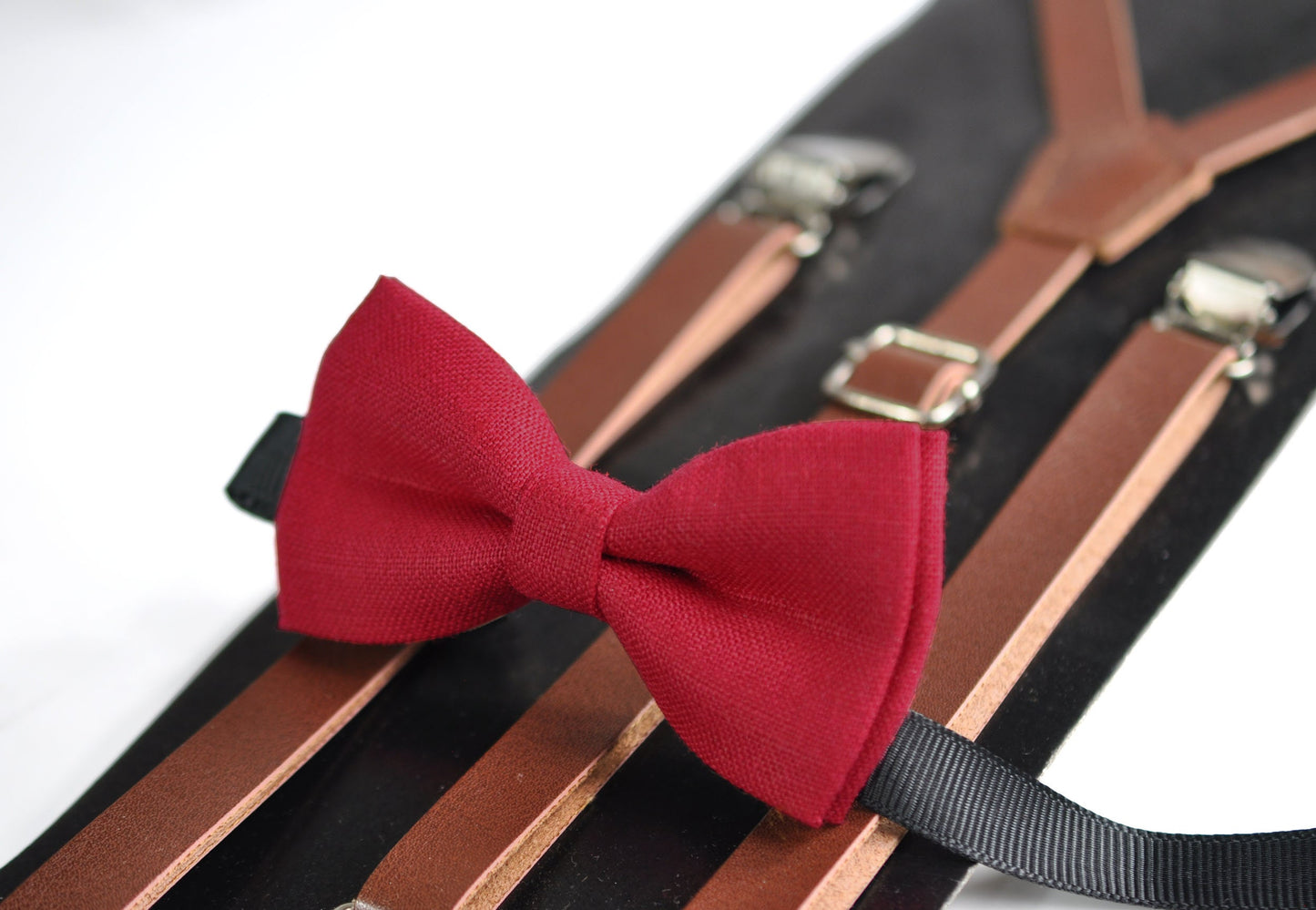 Cherry Ruby Blood Red Linen Bow tie + Brown Faux Leather Suspenders Braces for Baby infant Toddler / Kids Boy / Youth Teenage / Men Ault