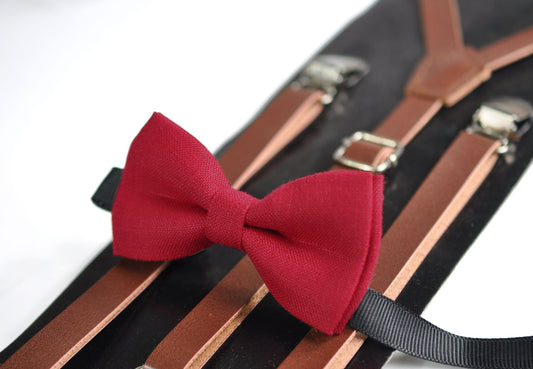 Cherry Ruby Blood Red Linen Bow tie + Brown Faux Leather Suspenders Braces for Baby infant Toddler / Kids Boy / Youth Teenage / Men Ault