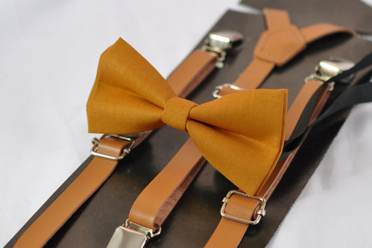 Mustard Honey butterscotch Yellow Cotton Bow tie + Tan Faux Leather Skinny Suspenders Braces Men / Youth Teenage / Boy Kids / Baby Infant