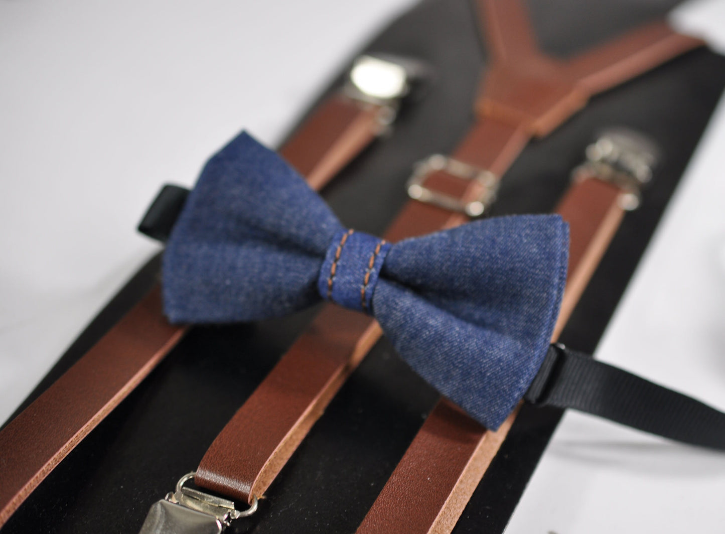 Navy Blue Denim Bow tie + Brown faux Leather Adjustable Suspenders Braces for Baby infant / Boy Kids / Youth Teenage