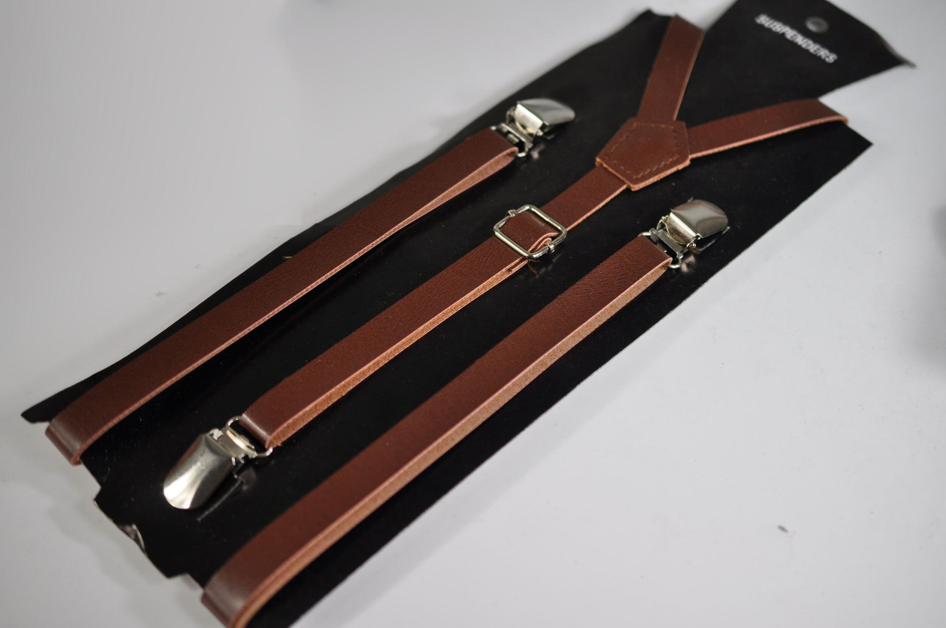 Navy Blue Denim Bow tie + Brown faux Leather Adjustable Suspenders Braces for Baby infant / Boy Kids / Youth Teenage