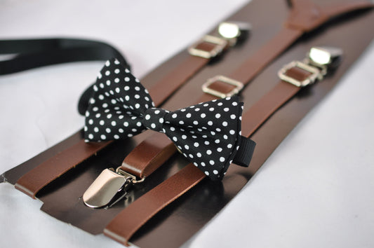 Black White Spots & Stripes DOTS Pattern Bow Tie + Brown Faux Leather Suspenders Braces for Baby Infant / Boy Kids / Youth Teenage / Adult
