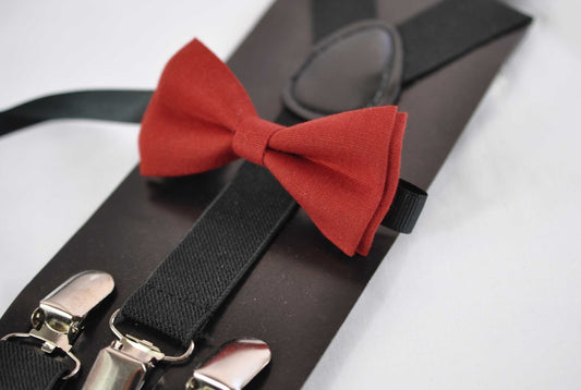 Ginger Brownish Red / Orange Linen Bow tie Bowtie + Black Elastic Suspenders Braces for Baby infant / Kids Boy / Youth Teenage / Men Adult