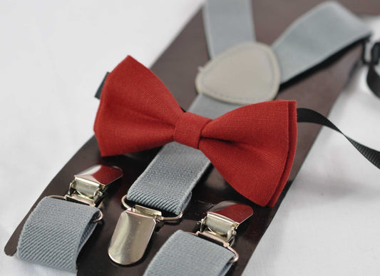 Ginger Brownish Red / Orange Linen Bow tie Bowtie + Grey Elastic Suspenders Braces for Baby infant / Kids Boy / Youth Teenage / Men Adult