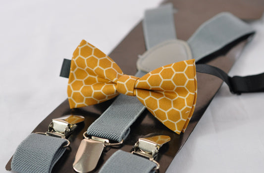 Yellow Bees Honeycomb Honey Comb Print Cotton Bow tie + Grey Gray Elastic Suspenders Braces for Baby infant / Boy Kids / Youth Teenage / Men