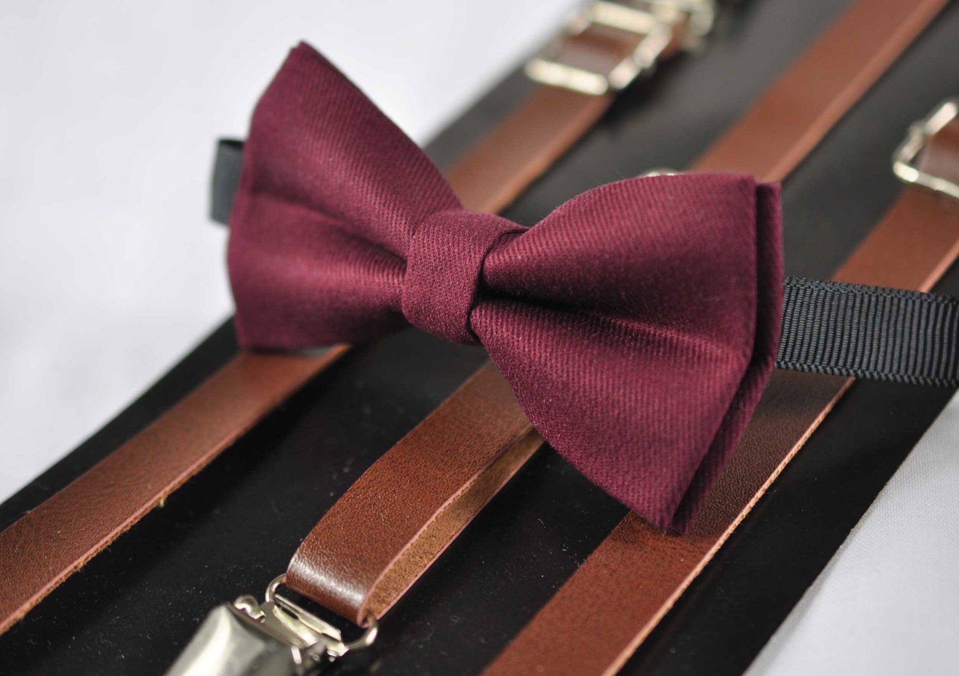 Burgundy Red Wine Red Cotton Bow tie + Brown Faux Leather Adjustable Suspenders Braces for Baby infant Toddler / Boy Kids / Youth Teenage
