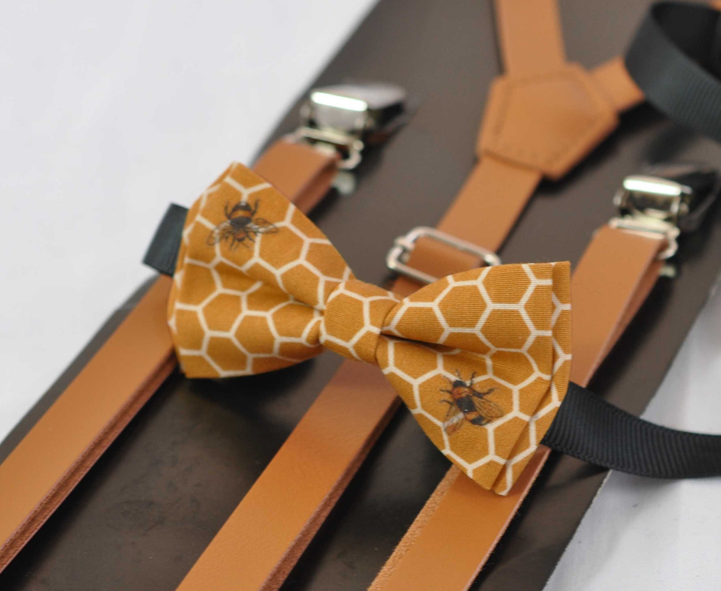 Yellow Honeycomb Honey Comb Bees Print Cotton Bow tie + Tan Brown Faux Leather Suspenders Braces for Baby infant / Boy Kids / Youth Teenage