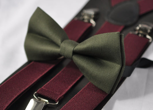 Olive Green Army Green Cotton Bow tie + Burgundy Wine Red Elastic Suspenders Braces for Men Adult / Youth Teenage / Boy Kids / Baby Infant