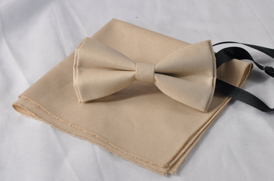 Men 100% Cotton Quality Light Begie Sand Pale Brown Handmade Bow Tie Bowtie matched pocket Square Hanky Handkerchief Wedding