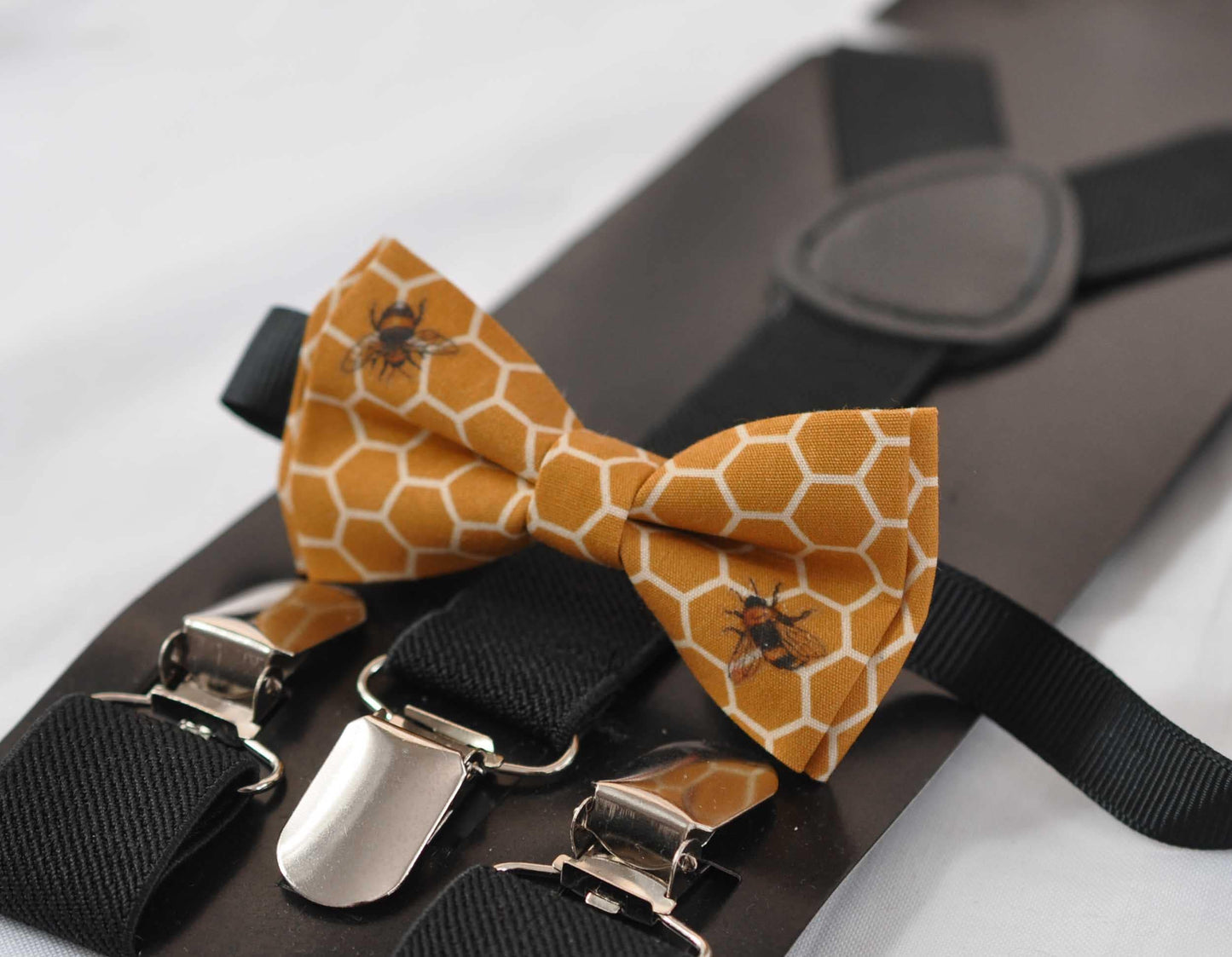 Yellow Honeycomb Honey Comb Bees Print Cotton Bow tie + Black Elastic Suspenders Braces for Baby infant Toddler / Boy Kids / Youth Teenage