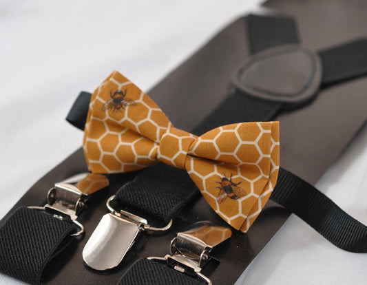 Yellow Honeycomb Honey Comb Bees Print Cotton Bow tie + Black Elastic Suspenders Braces for Baby infant Toddler / Boy Kids / Youth Teenage