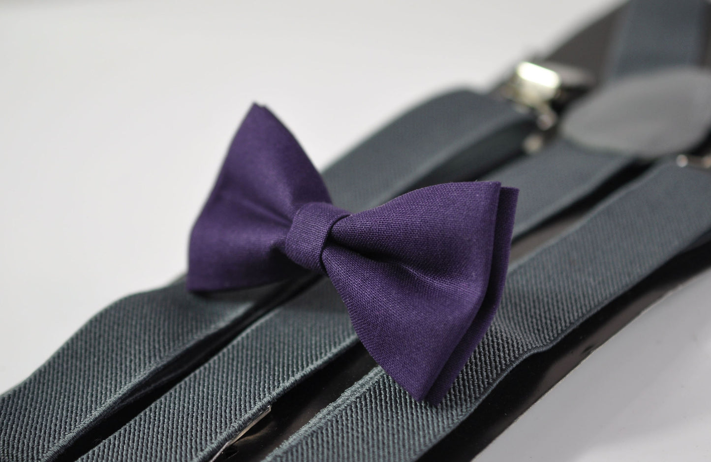 Eggplant Purple Violet Dark Purple Cotton Bow tie + Grey Gray Elastic Suspenders Braces for Men / Youth Teenage / Boy Kids / Infant Baby