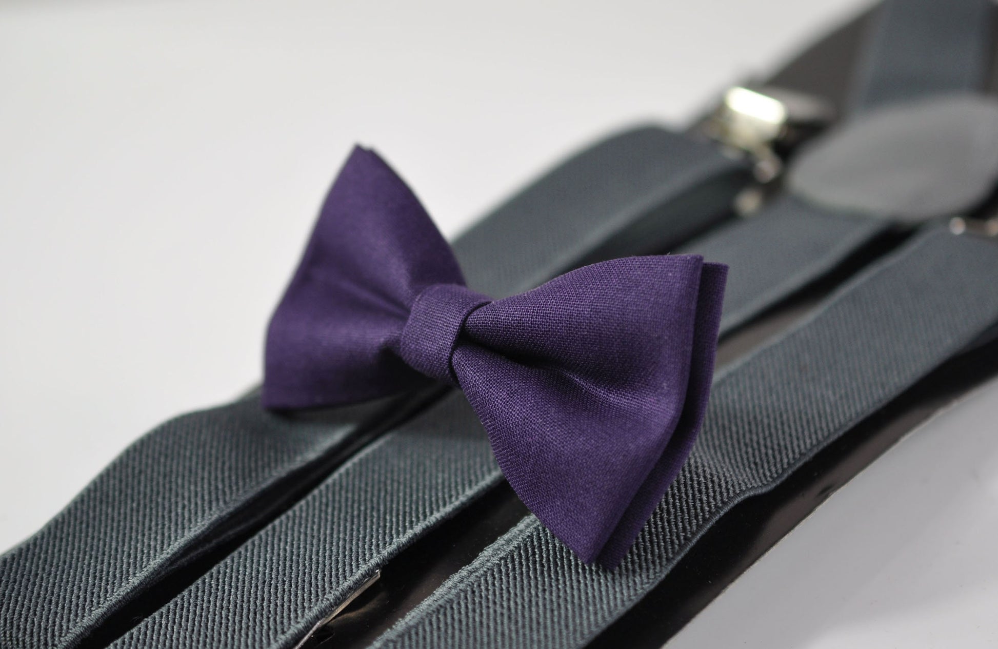 Eggplant Purple Violet Dark Purple Cotton Bow tie + Grey Gray Elastic Suspenders Braces for Men / Youth Teenage / Boy Kids / Infant Baby