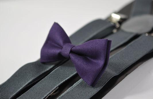 Eggplant Purple Violet Dark Purple Cotton Bow tie + Grey Gray Elastic Suspenders Braces for Men / Youth Teenage / Boy Kids / Infant Baby