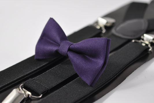 Eggplant Purple Violet Dark Purple Cotton Bow tie + Black Elastic Suspenders Braces for Men Adult / Youth Teenage / Boy Kids / Toddler Baby