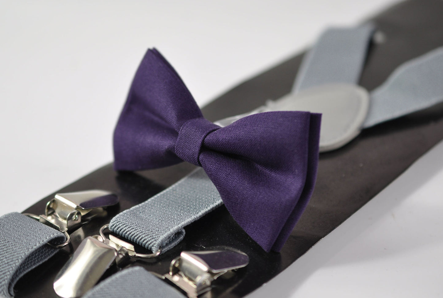 Eggplant Purple Violet Dark Purple Cotton Bow tie + Light Grey Elastic Suspenders Braces for Men / Youth Teenage / Boy Kids / Infant Baby