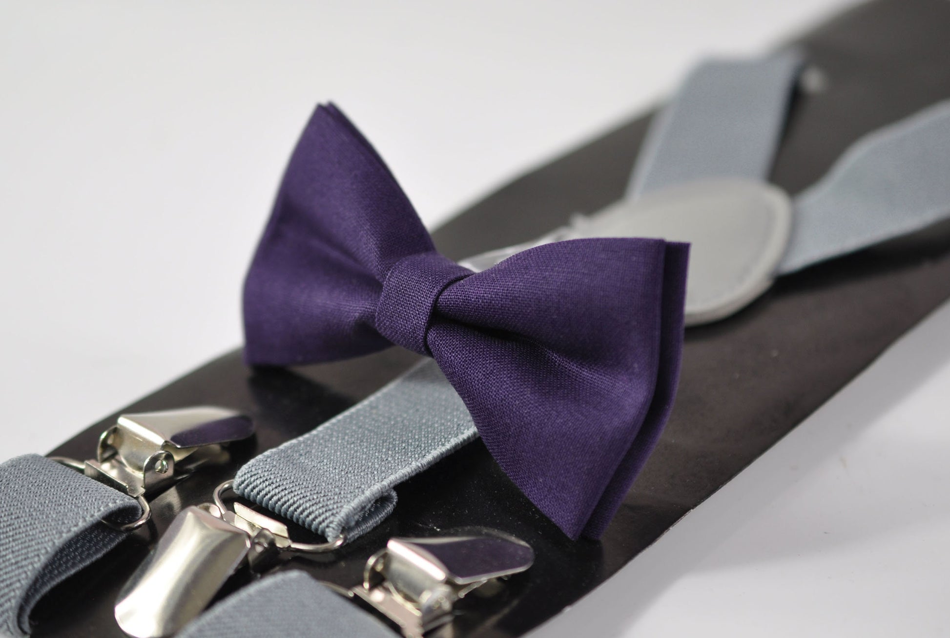 Eggplant Purple Violet Dark Purple Cotton Bow tie + Light Grey Elastic Suspenders Braces for Men / Youth Teenage / Boy Kids / Infant Baby