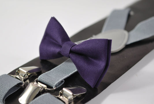 Eggplant Purple Violet Dark Purple Cotton Bow tie + Light Grey Elastic Suspenders Braces for Men / Youth Teenage / Boy Kids / Infant Baby