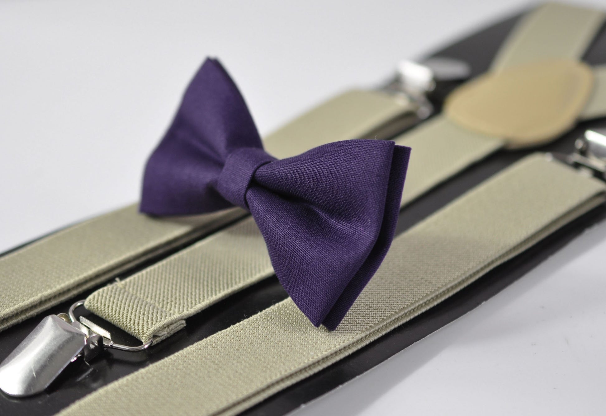 Eggplant Purple Violet Dark Purple Cotton Bow tie + Khaki Beige Elastic Suspenders Braces for Men / Youth Teenage / Boy Kids / Toddler Baby