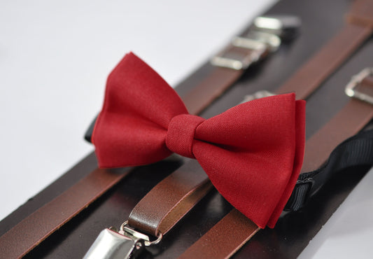 Red Cotton Bow tie + Brown Faux Leather Skinny Adjustable Suspenders Braces for Youth Teenage / Boy Kids / Baby Infant Toddler