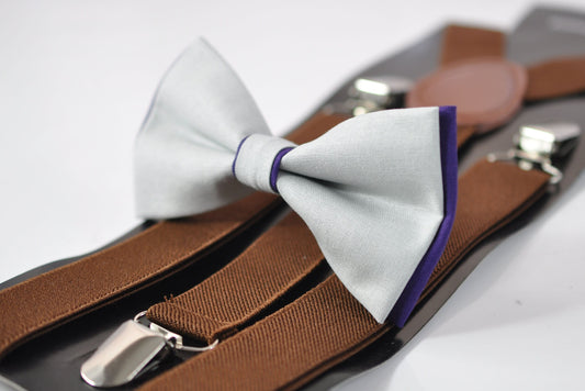 Violet Purple and Silver Grey 2 Layers Cotton Bow tie + Brown Elastic Suspenders Braces for Men / Youth Teenage / Boy Kids / Infant Toddler