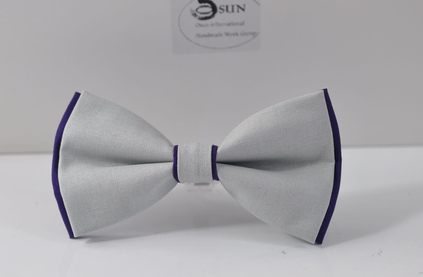 Violet Purple and Silver Grey 2 Layers Cotton Bow tie + Brown Elastic Suspenders Braces for Men / Youth Teenage / Boy Kids / Infant Toddler