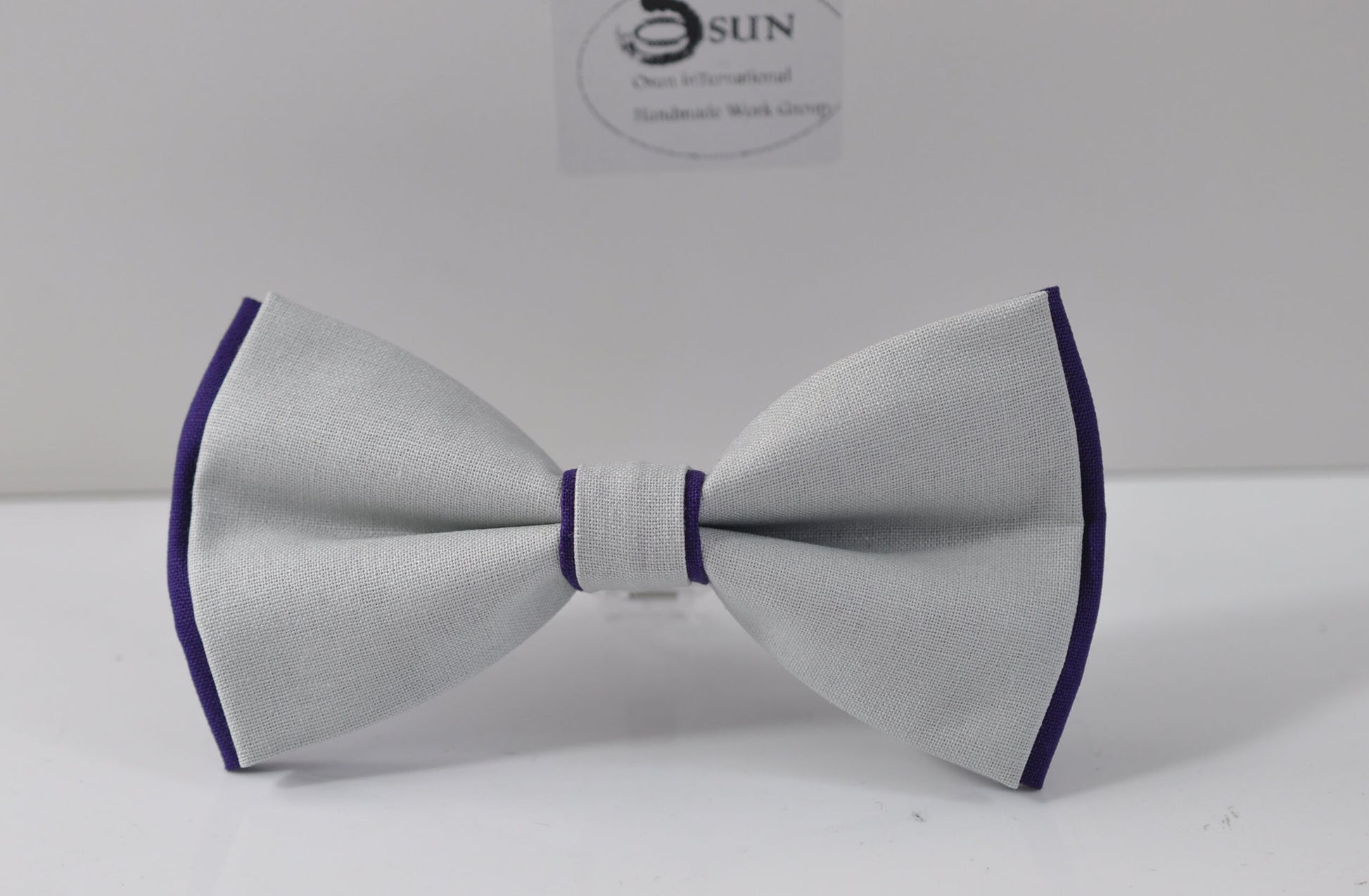Violet Purple and Silver Grey 2 Layers Cotton Bow tie + Brown Elastic Suspenders Braces for Men / Youth Teenage / Boy Kids / Infant Toddler